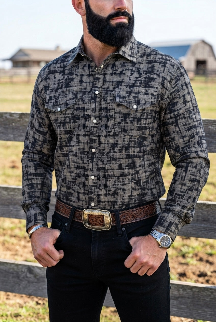Camisa Vaquera Con Bolsas Detalles Gris y Negro