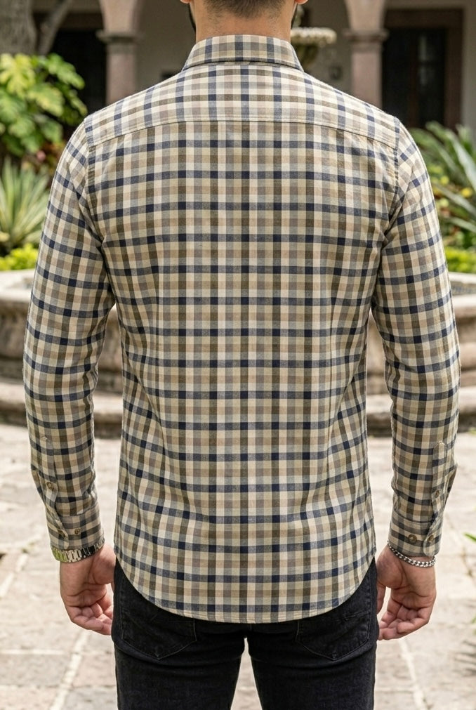 Camisa Manga Larga Con Bolsa Cuadros Bicolor