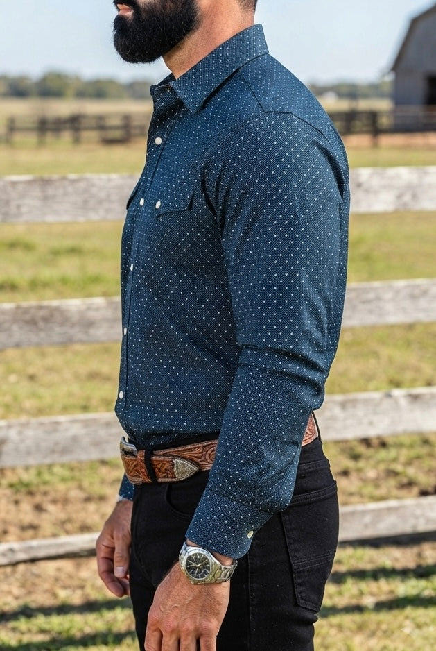 Camisa Vaquera Con Bolsas Azul Puntos Blancos
