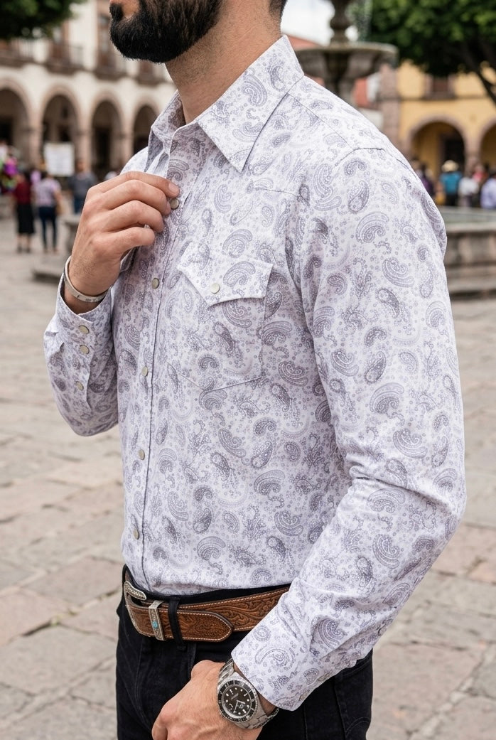 Camisa Vaquera Con Bolsas Blanca Detalles Gris