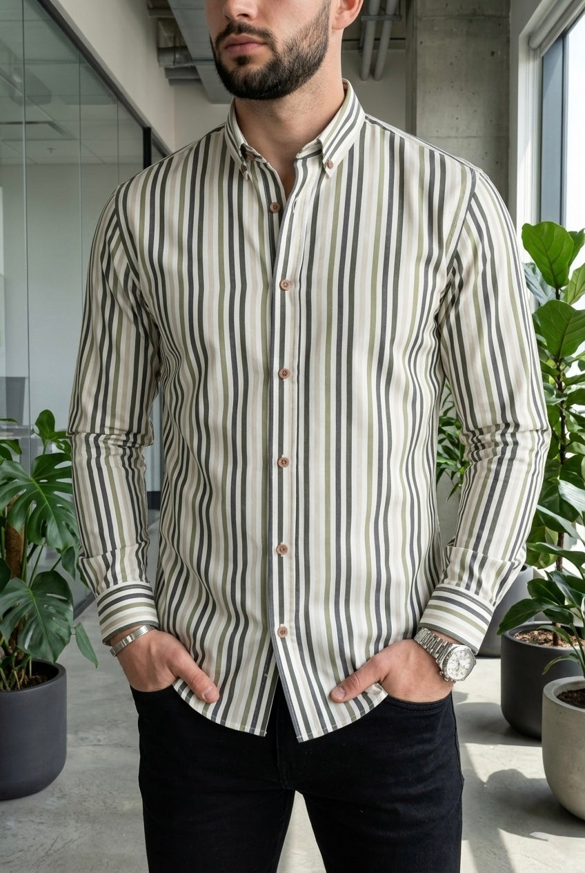 Camisa Manga Larga Rayas Grises Y Verdes