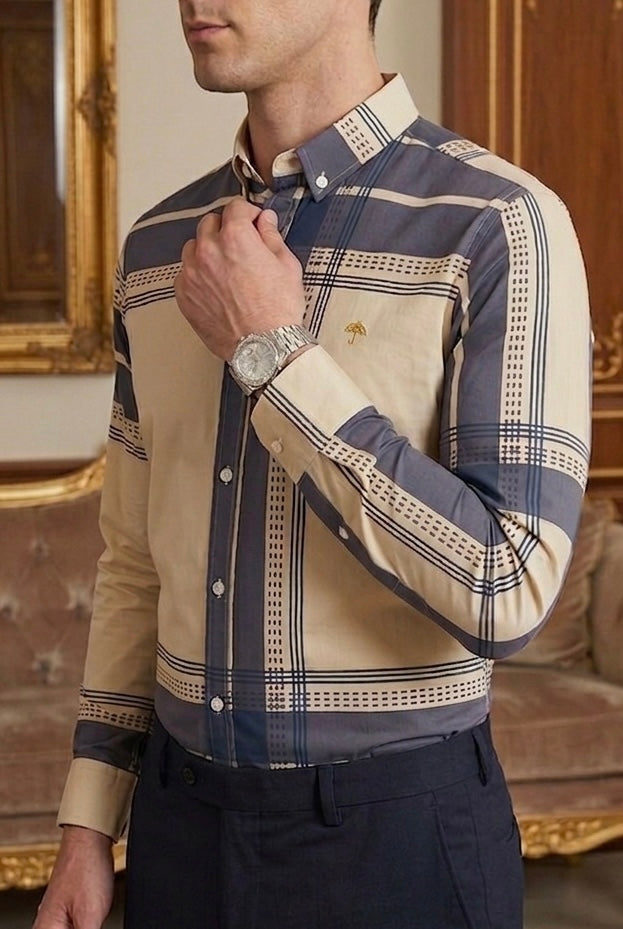 Camisa Casual Hombre Beige, Línea Gris