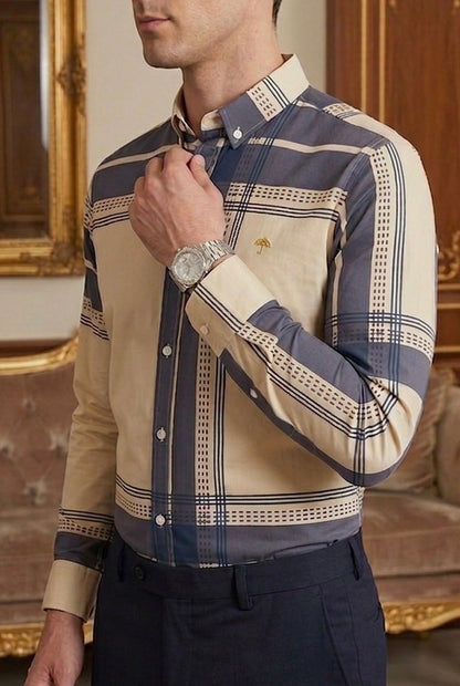 Camisa Casual Hombre Beige, Línea Gris