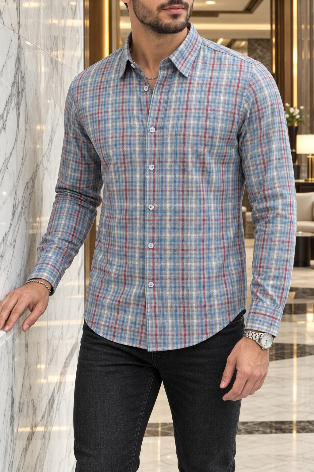 Camisa Manga Larga Mini Cuadros Rojos, Azules, Blancos
