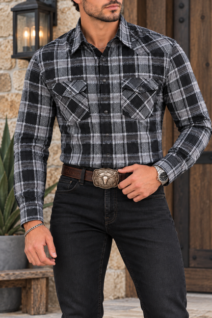 Camisa Vaquera Con Bolsas Cuadros Negros Y Grises