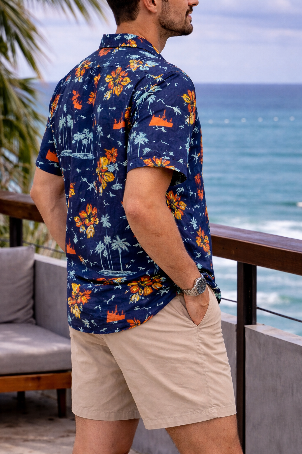 Camisa Manga Corta Azul Palmeras y Flores OVERSIZE