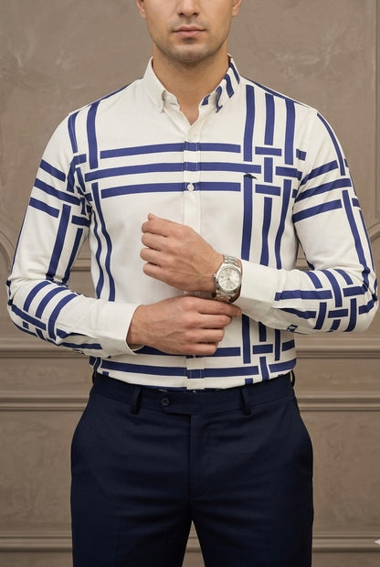 Camisa Casual Hombre, Blanca Franjas Azules