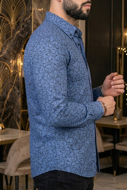 Camisa Manga Larga Azul Enredadera Negra