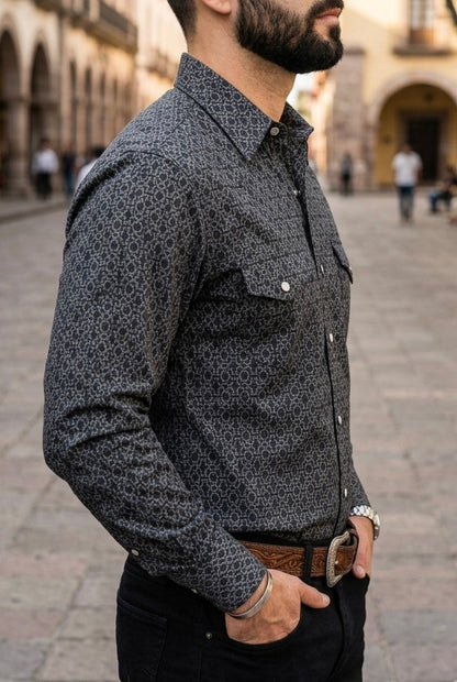 Camisa Vaquera Negra Detalles Blancos