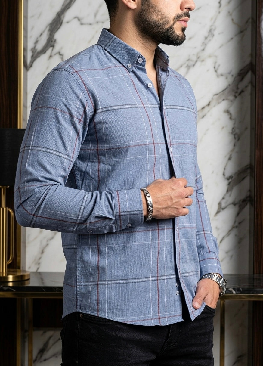 Camisa Manga Larga Azul Franja Roja, Blanca