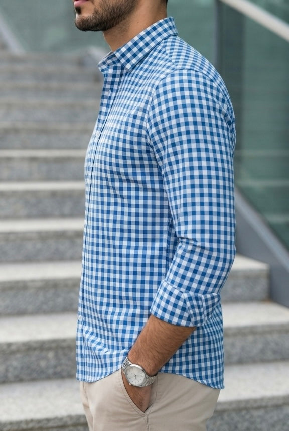 Camisa Manga Larga Cuadros Azules