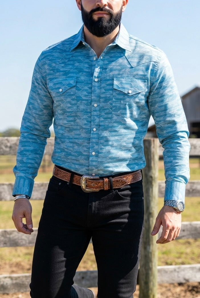 Camisa Vaquera Con Bolsas Azul Cielo Detalles Blancos