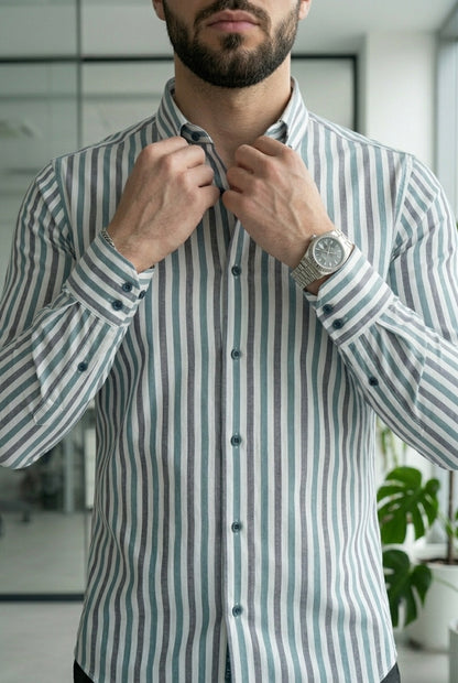 Camisa Manga Larga Rayas Blancas, Gris Azules