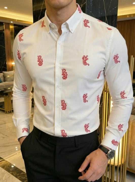 Camisa Hombre Casual Blanca Tigres Rojos