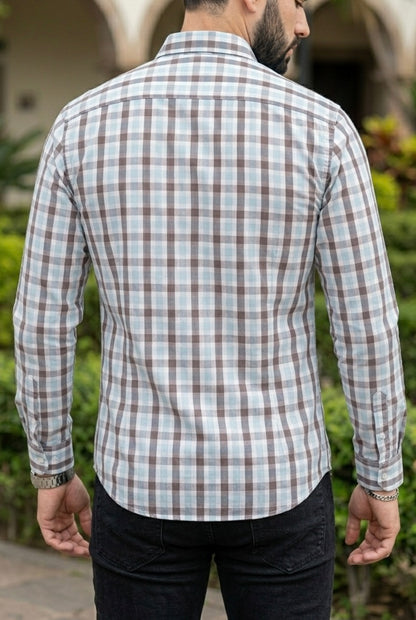 Camisa Manga Larga Con Bolsa Cuadros Azules y Grises