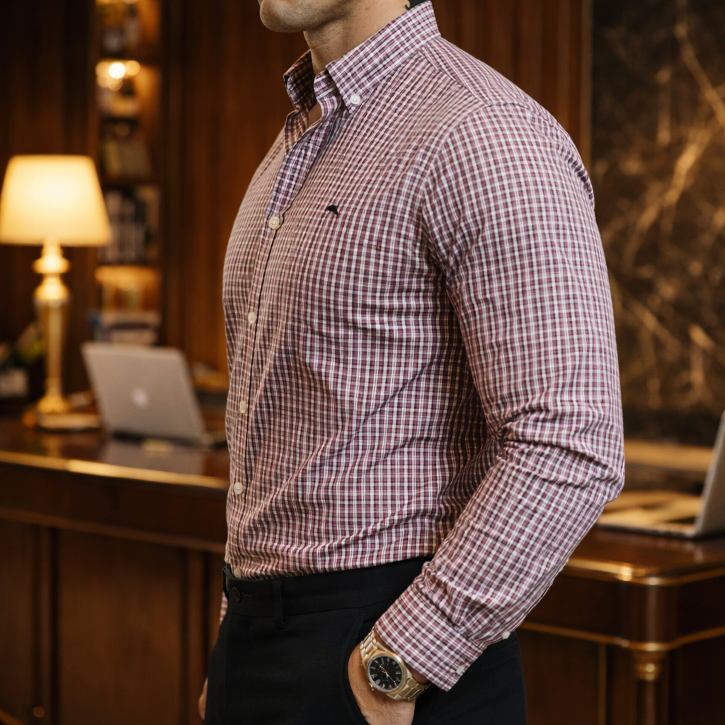 Camisa Hombre Casual Mini Cuadros Blancos Rojos Negros