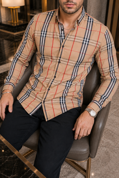 Camisa Manga Larga Beige Líneas Blancas/Rojas