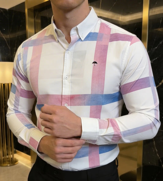 Camisa Casual Hombre Blanca Franjas Rosas y Azules