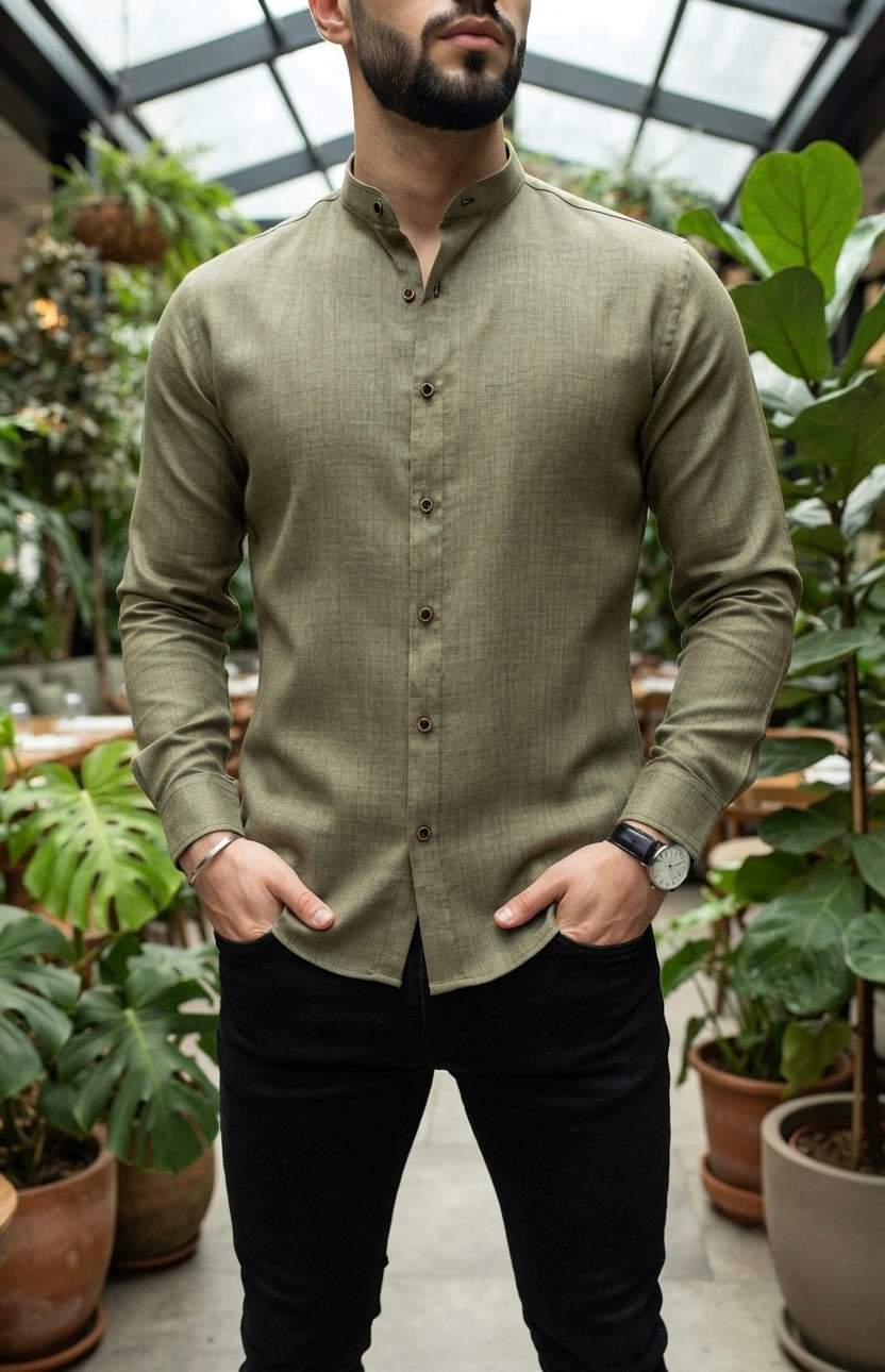 Camisa Manga Larga Cuello Mao Verde Aceituna
