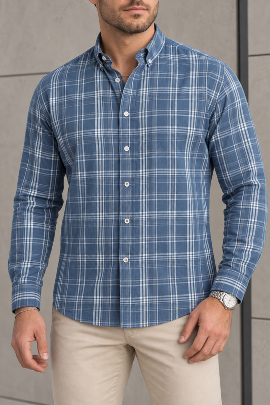 Camisa Manga Larga Azul, Cuadros Rayas Blancas