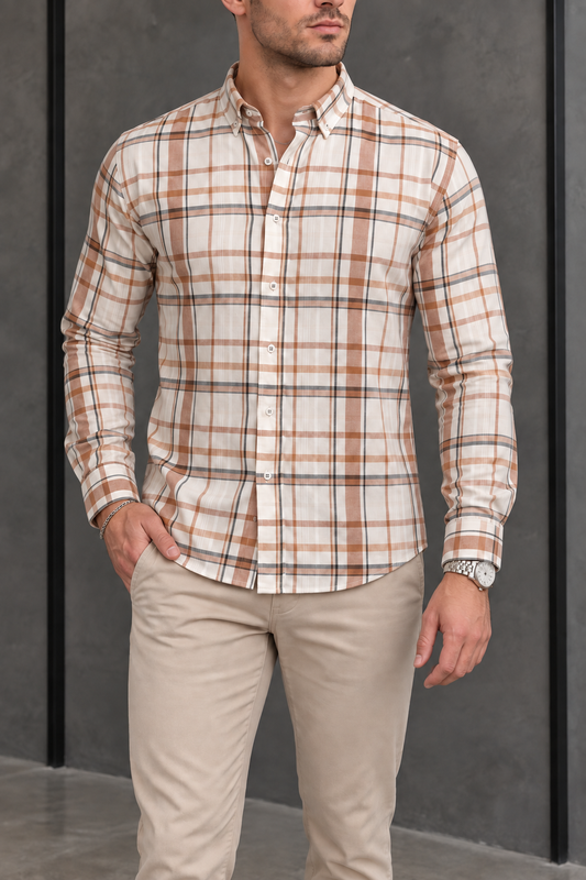 Camisa Manga Larga Beige Rayas Bronce