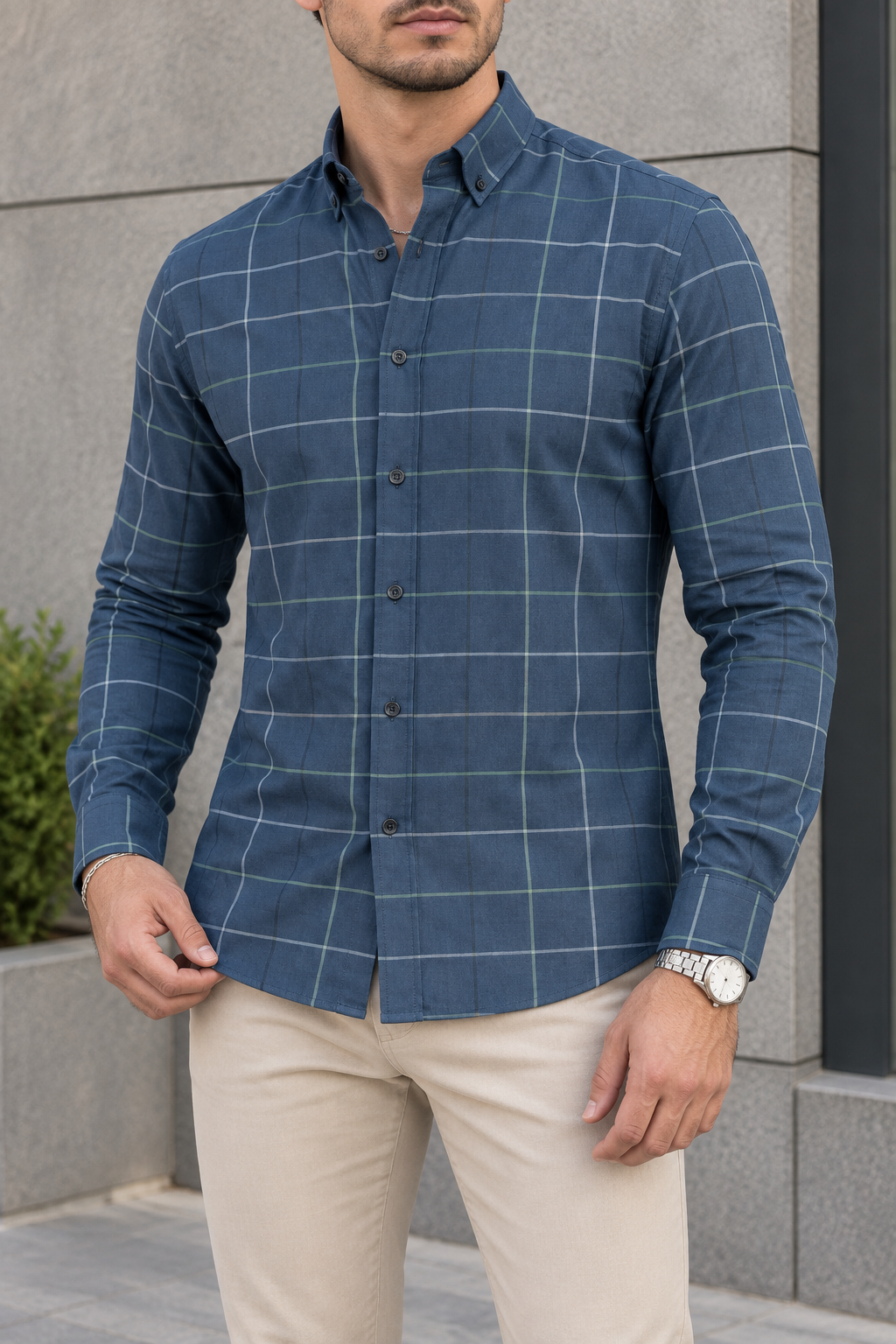 Camisa Manga Larga Azules Cuadros Rayas Blancas