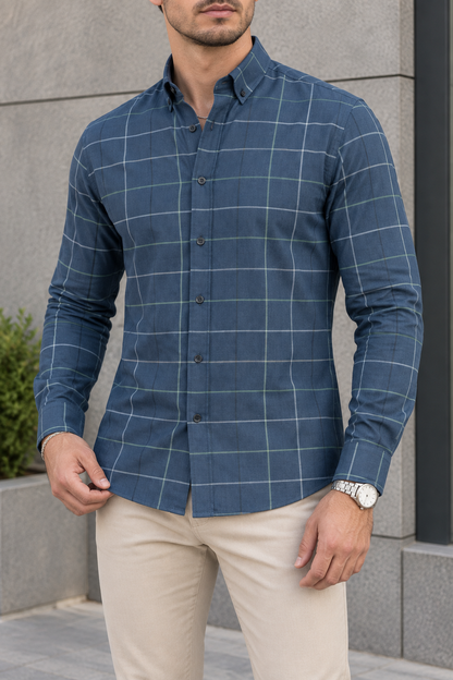 Camisa Manga Larga Azules Cuadros Rayas Blancas