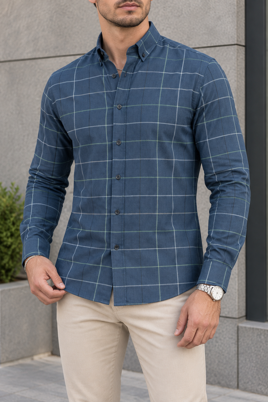 Camisa Manga Larga Azules Cuadros Rayas Blancas