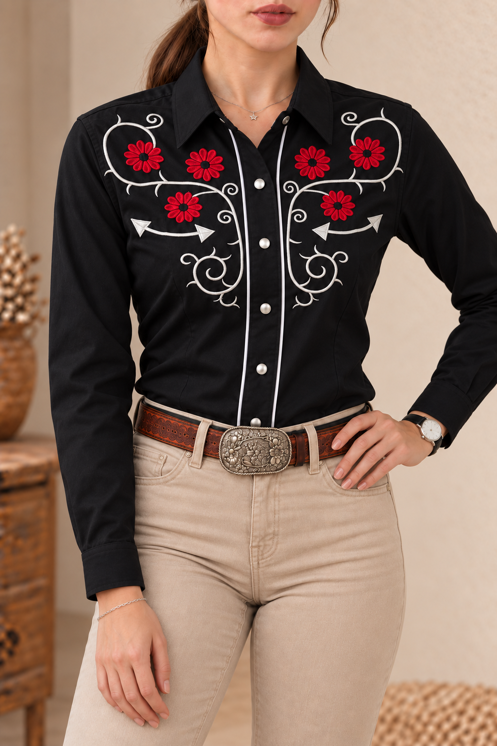 Camisa Vaquera De Dama Negra Detalles Bordados Rojos