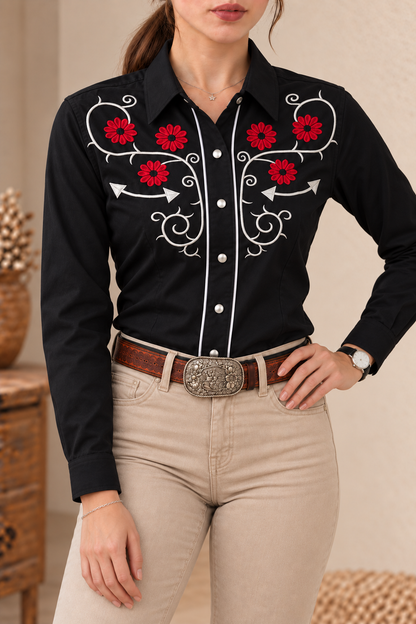 Camisa Vaquera De Dama Negra Detalles Bordados Rojos