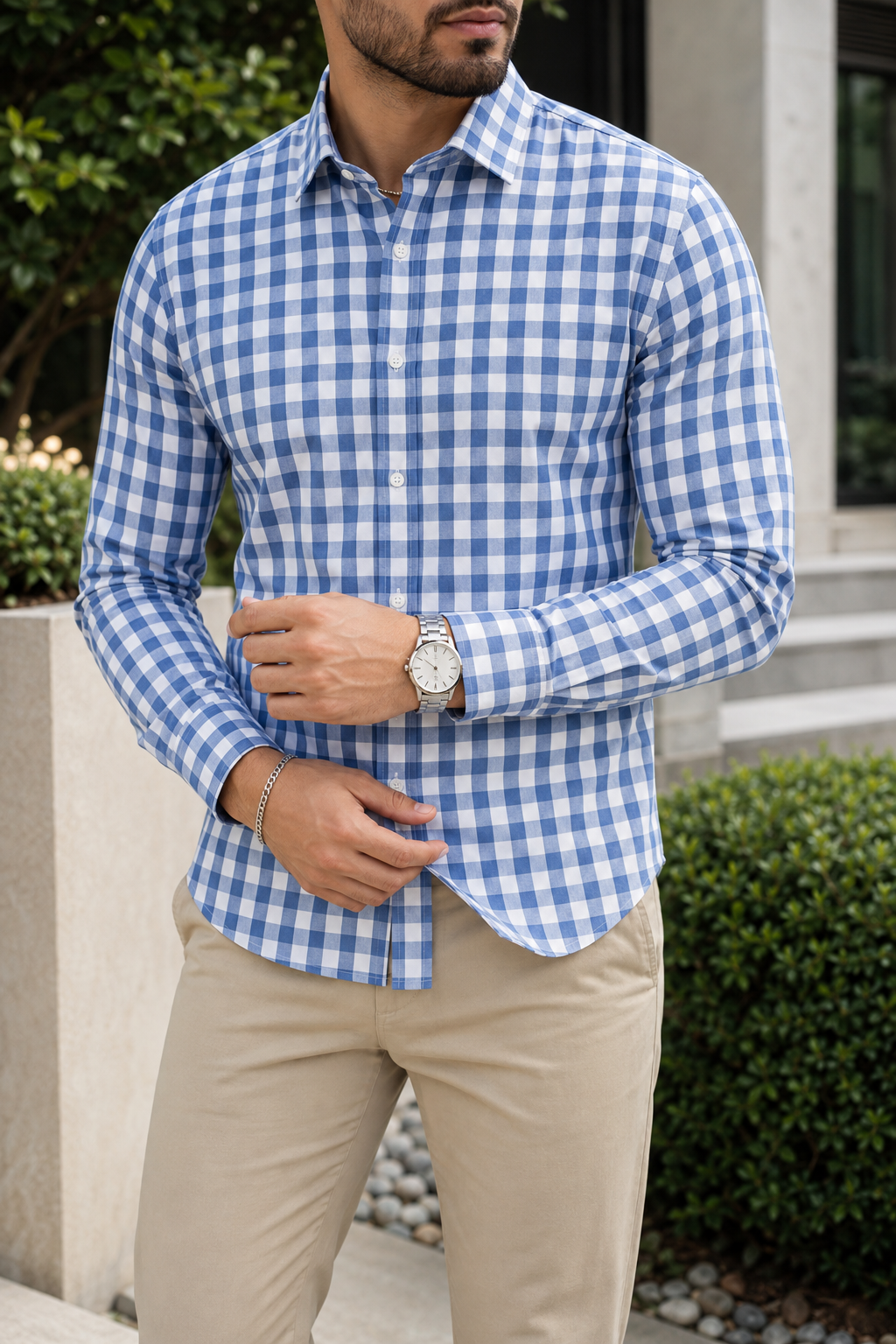 Camisa Manga Larga Cuadros Azul Cielo