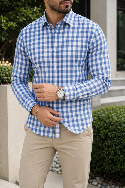 Camisa Manga Larga Cuadros Azul Cielo
