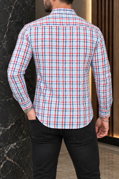 Camisa Manga Larga Mini Cuadros Rojos Y Azules