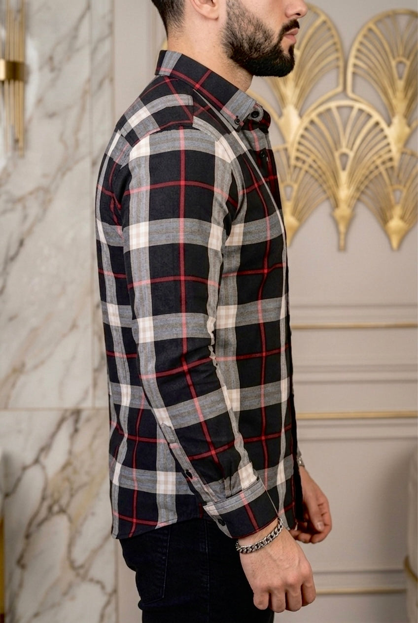 Camisa Manga Larga Negra Cuadros Beige