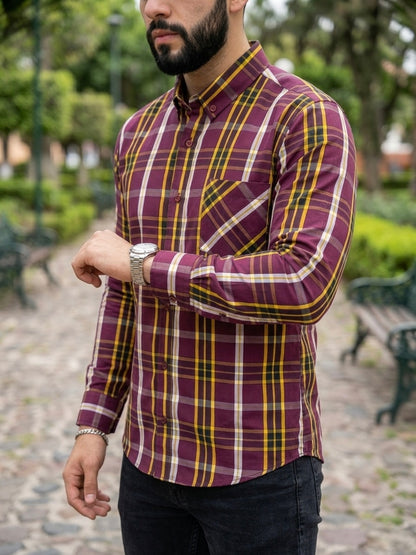 Camisa Manga Larga Con Bolsa Vino Rayas Amarillas y Blancas