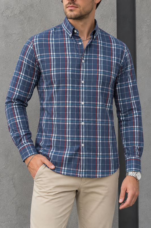 Camisa Manga Larga Azul Cuadros Rayas Rojas Blancas