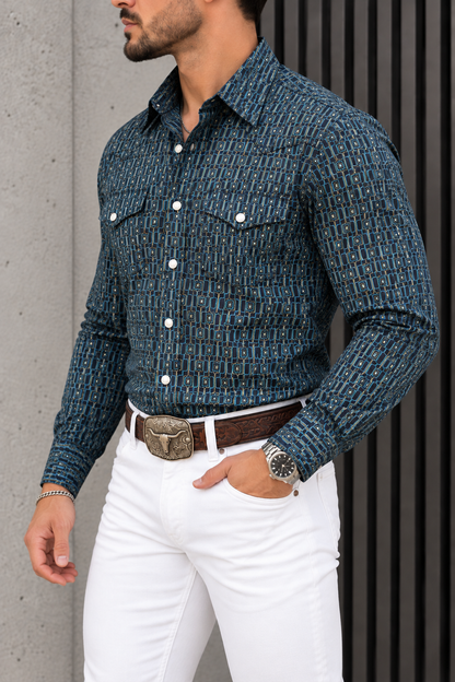 Camisa Vaquera Con Bolsas Mosaico Azul