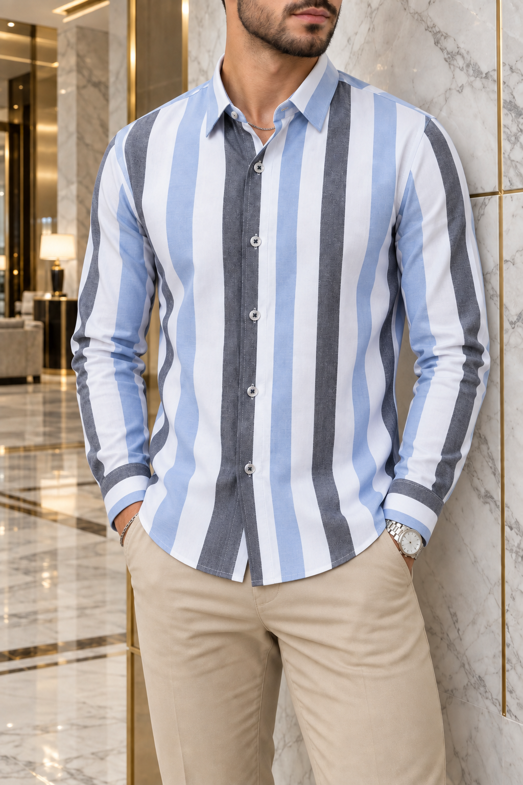 Camisa Manga Larga Blanca Rayas Azul Y Gris