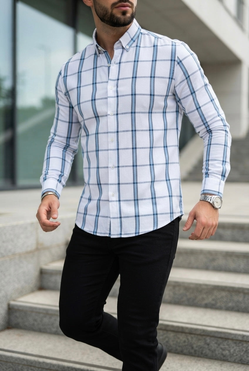 Camisa Manga Larga Blanca, Rayas Azules