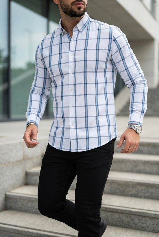 Camisa Manga Larga Blanca, Rayas Azules