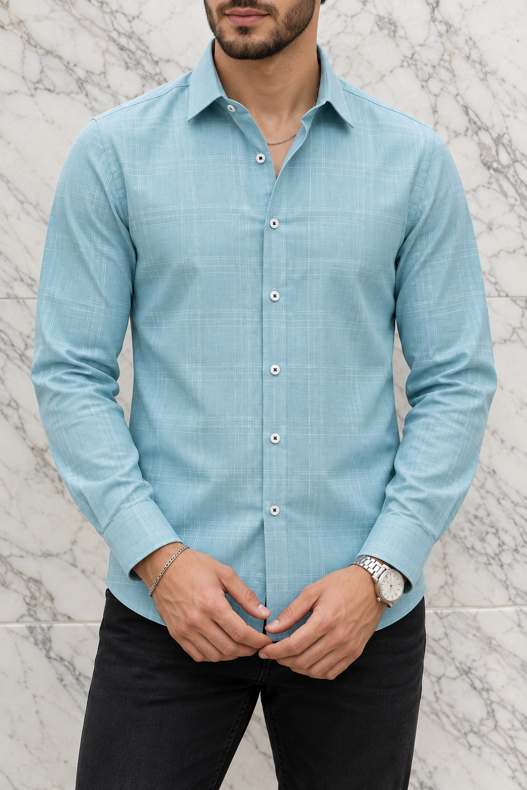 Camisa Manga Larga Azul Claro Cuadros Rayas Blancas