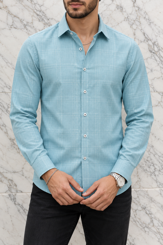 Camisa Manga Larga Azul Claro Cuadros Rayas Blancas