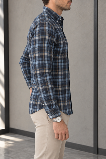 Camisa Manga Larga Cuadros Azules Rayas Beige