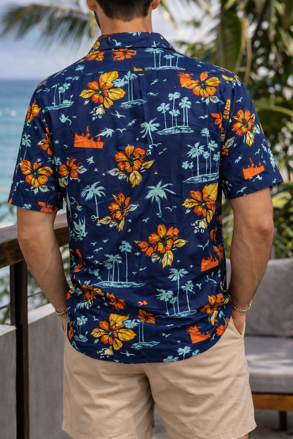 Camisa Manga Corta Azul Palmeras y Flores OVERSIZE