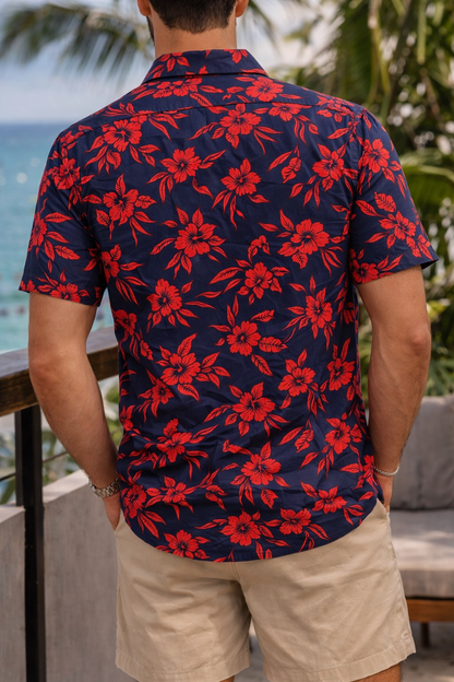 Camisa Manga Corta Azul Flores Rojas OVERSIZE