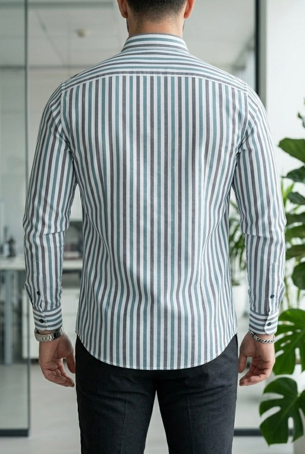 Camisa Manga Larga Rayas Blancas, Gris Azules