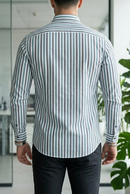 Camisa Manga Larga Rayas Blancas, Gris Azules