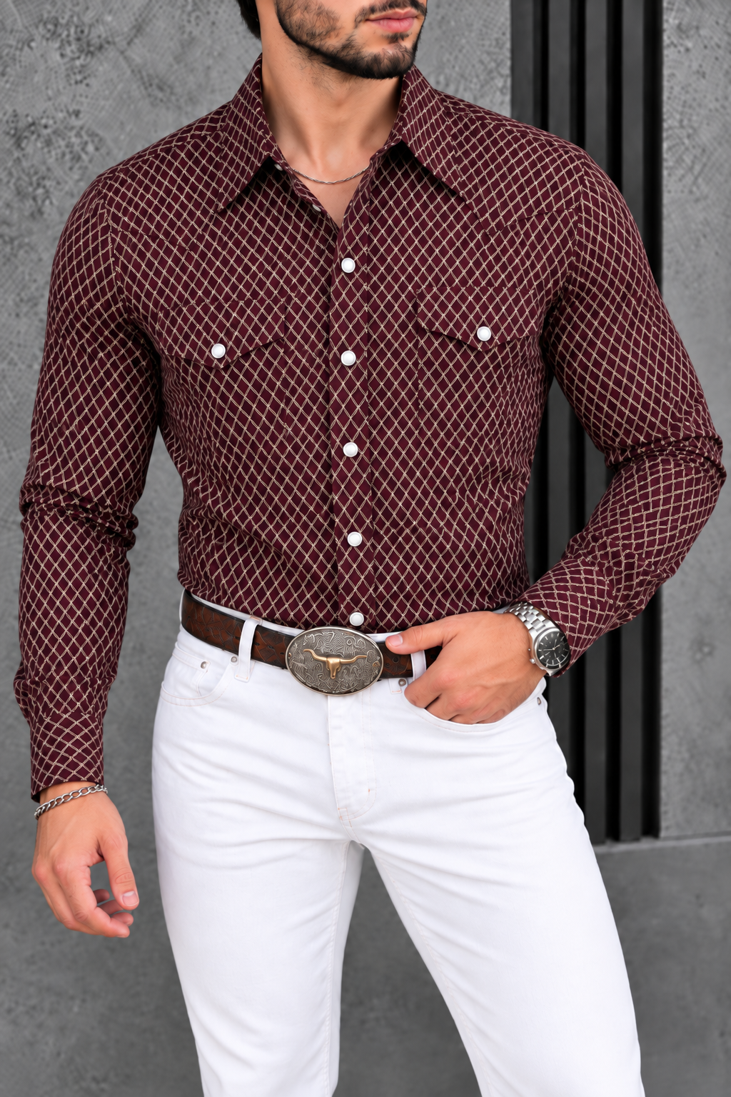 Camisa Vaquera Con Bolsas Vino Detalles Dorados