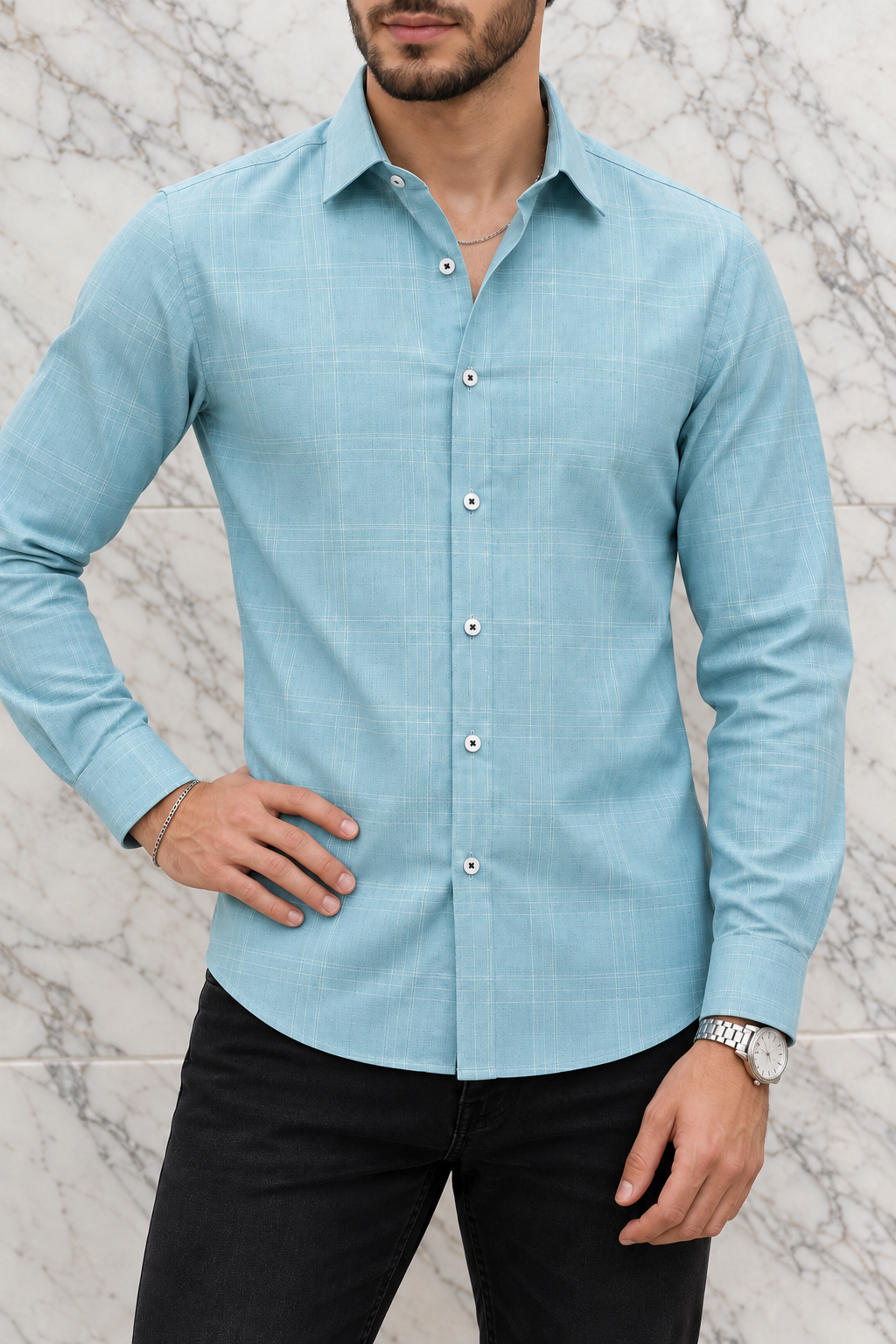 Camisa Manga Larga Azul Claro Cuadros Rayas Blancas