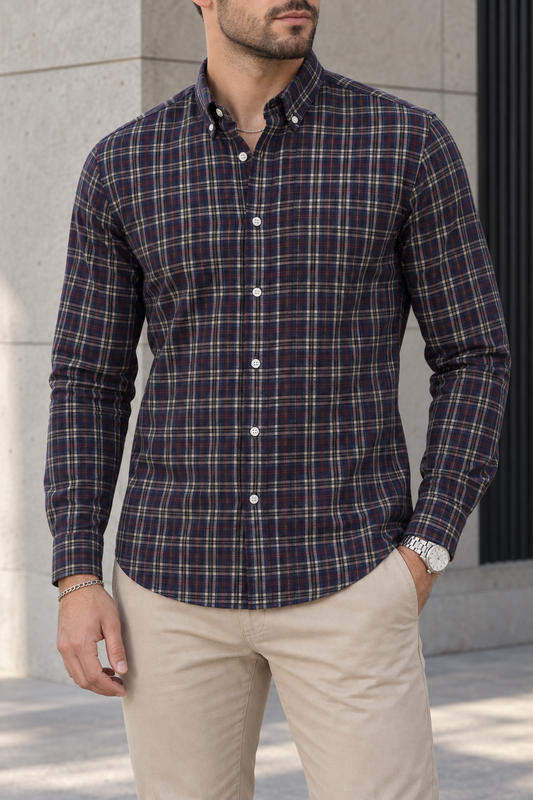Camisa Manga Larga Azul Cuadros Rojos
